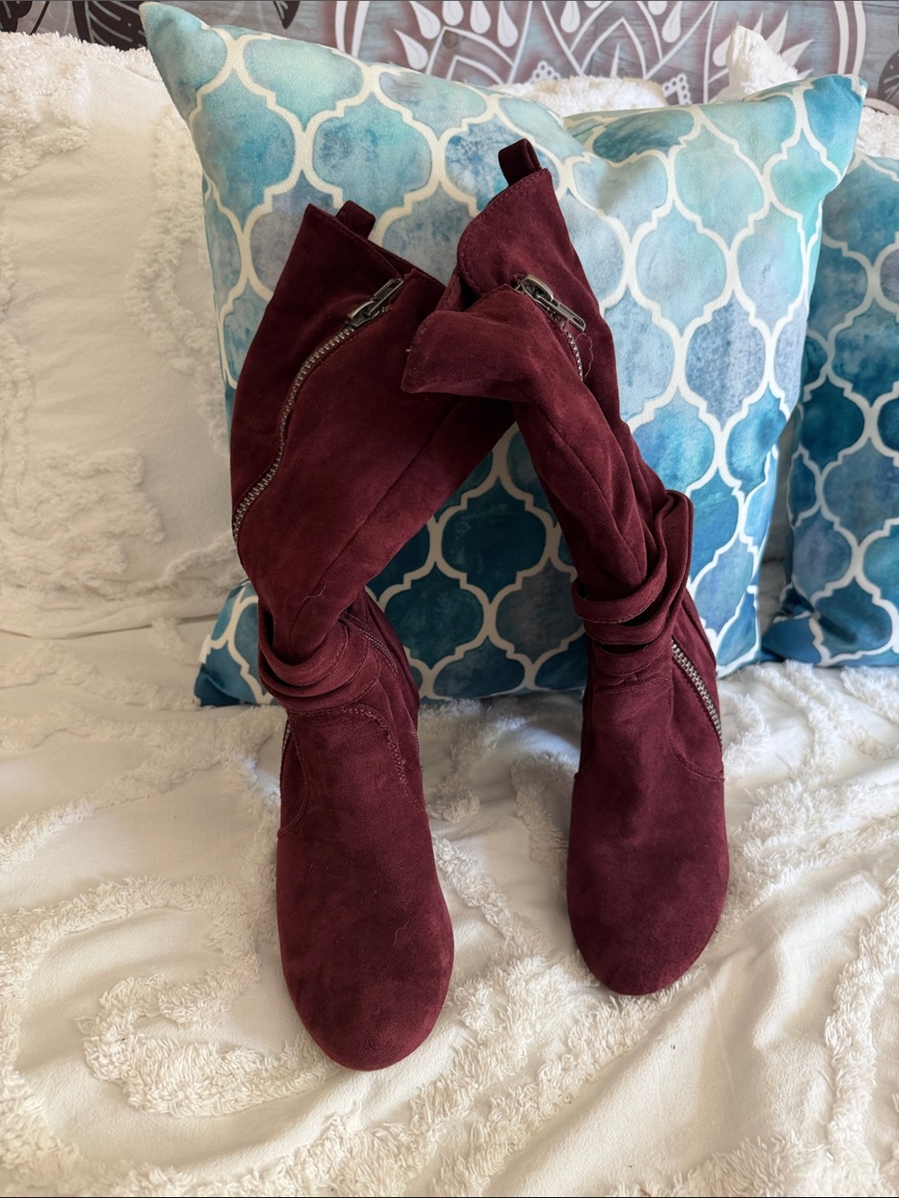 Women's Burgundy Suede Knee-High Boots - Classic Casual Style